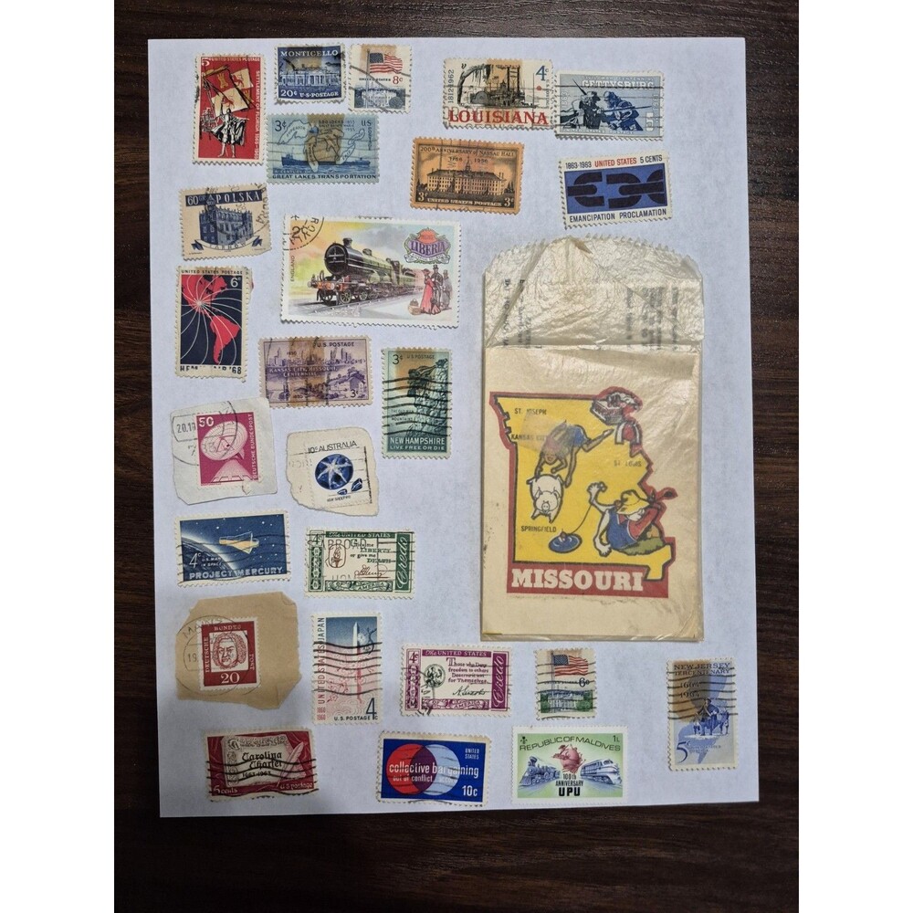 Vintage Stamp Lot USA Worldwide 1950s 60s Space Railroad + Missouri Decal